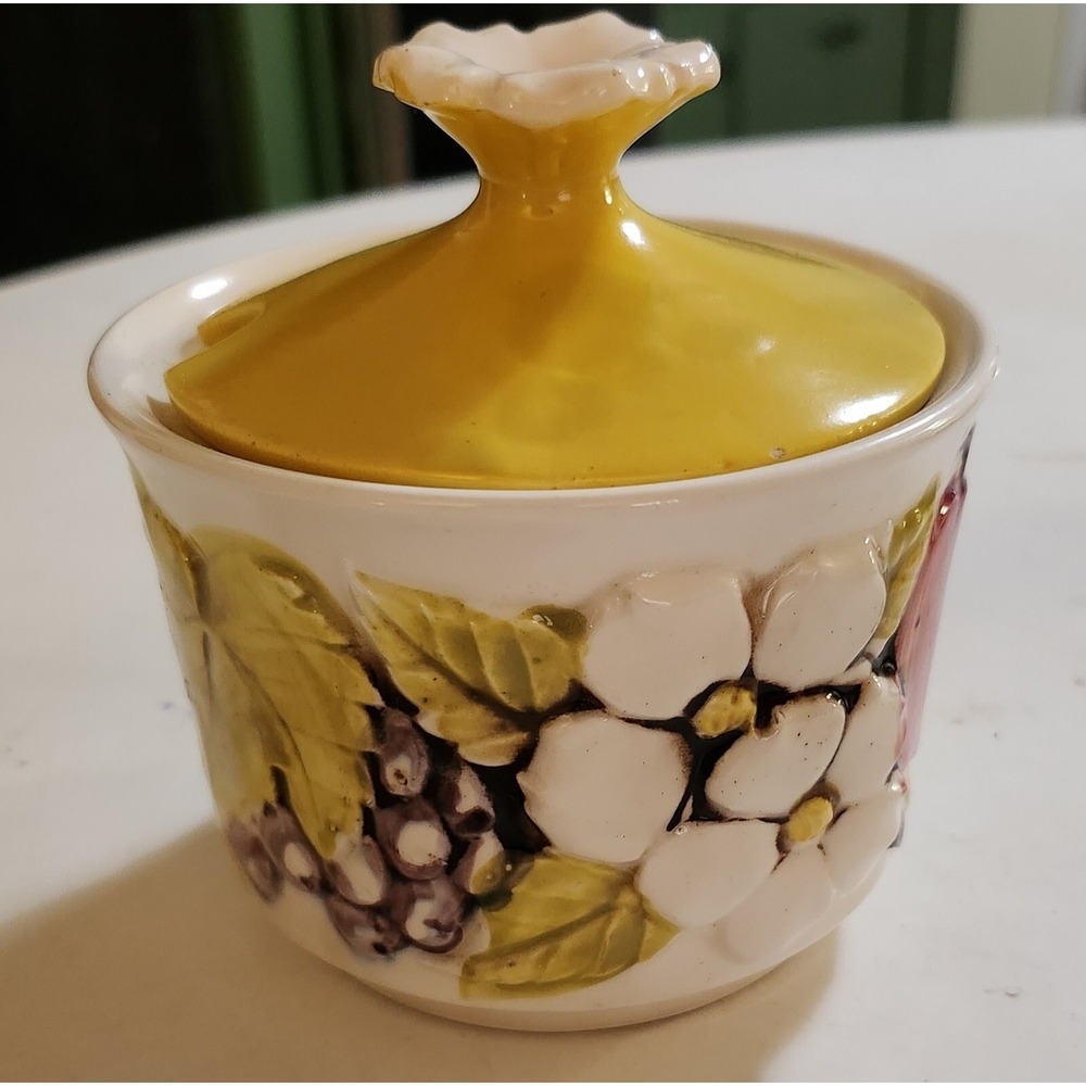 Lefton MCM Jelly Dish Sugar Bowl with‎ Raised Fruit & Flowers 5934